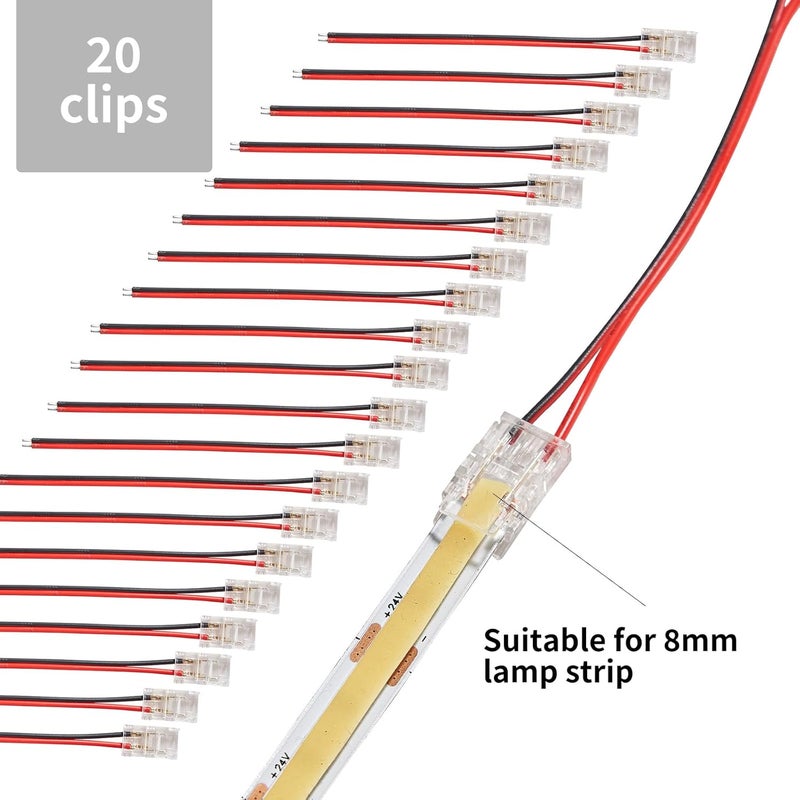 HEYAN 20 Pcs 2 Pin 8mm Solderless Transparent LED Strip Connector Strip to Wire for 12V 24V Single Color LED Light Strips - Image 2